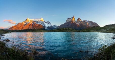 Lake Nordenskjold and Cerro Paine Grande at sunrise, Torres del Paine National Park, Ultima Esperanza Province, Magallanes and Chilean Antactica Region, Patagonia, Chile