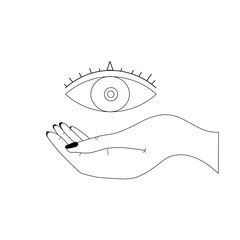 Human hands open around masonic symbol all seeing eye over sacred heart and pyramid. New World Order. Alchemy, religion, spirituality, occultism. Color vector illustration in vintage style isolated.