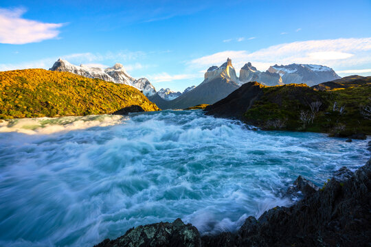 Salto Grande Waterfall and Los Cuernos del Paine, Torres del Paine National Park, Ultima Esperanza Province, Magallanes and Chilean Antactica Region, Patagonia, Chile