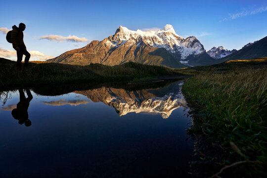 Lake Nordenskjold and Cerro Paine Grande at sunrise, Torres del Paine National Park, Ultima Esperanza Province, Magallanes and Chilean Antactica Region, Patagonia, Chile