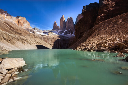 Torres del Paine base and glacier, Torres del Paine National Park, Ultima Esperanza Province, Magallanes and Chilean Antactica Region, Patagonia, Chile