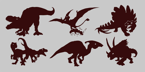 Set with silhouettes of dinosaurs. Style dinosaurs collection emblems, icons and tattoos.Black predators and herbivores. Silhouettes, hand drawn illustration isolated on gray background