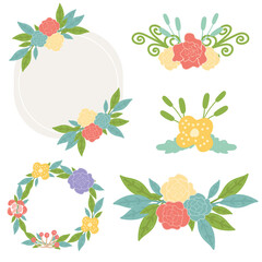 Floral bouquet frame in hand drawn style. Flowers wreath decorations . Doodle design. Vector illustration.