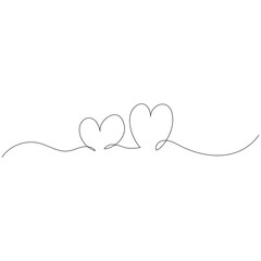 Two hearts next to each other in continuous line drawing. Minimalist art. Vector illustration.