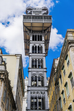 Low angle day view of iconic Santa Justa Lift (Elevador de Santa Justa), a 1902 cast-iron elevator, Lisbon, Portugal