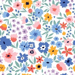 Fototapeta na wymiar Cute seamless pattern with flowers and leaves. Perfect for wrapping paper, fabric texture, wallpaper