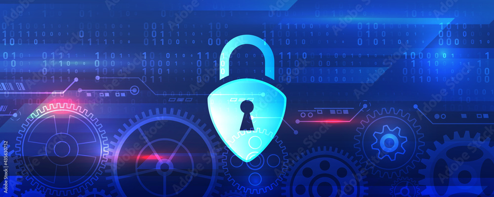 Fototapete Personal data protection service. Internet security concept. Cybersecurity web banner. Shield icon with gears on a blue background.