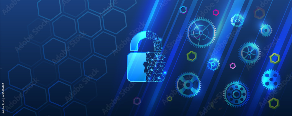 Poster Cybersecurity web banner. Shield icon with gears on a blue background. Personal data protection service. Internet security concept
