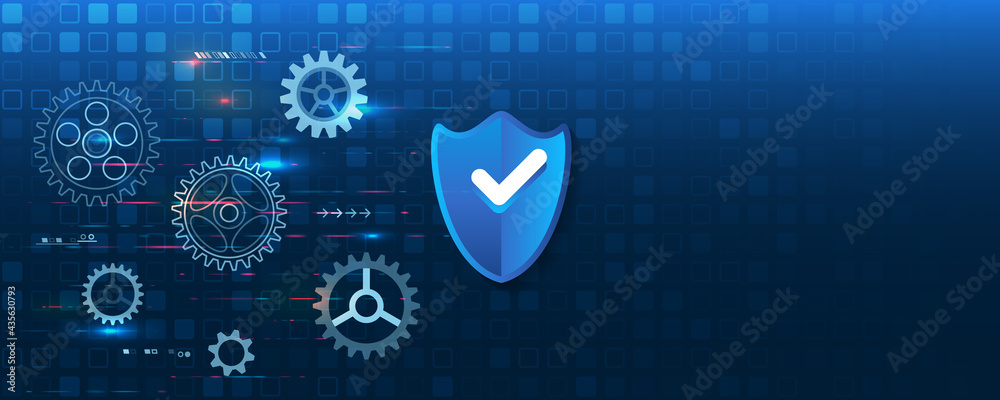 Poster Shield icon with gears on a blue background. Personal data protection service. Internet security concept. Cybersecurity web banner.