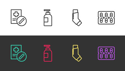 Set line Medical prescription, Hand sanitizer bottle, Inhaler and Pills in blister pack on black and white. Vector