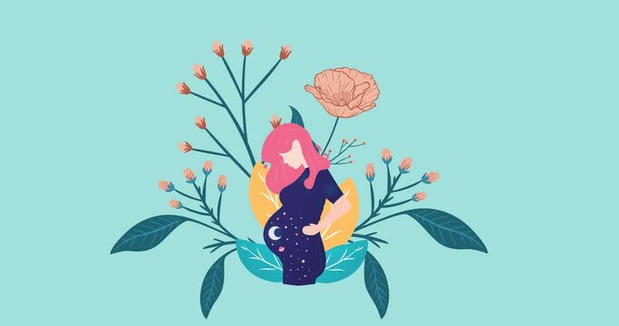 Animation of figure of pregnant woman with moon on belly and pink flowering plant on blue background