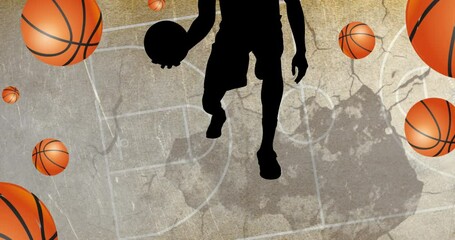 Animation of silhouette of basketball player with basketballs on basketball court background