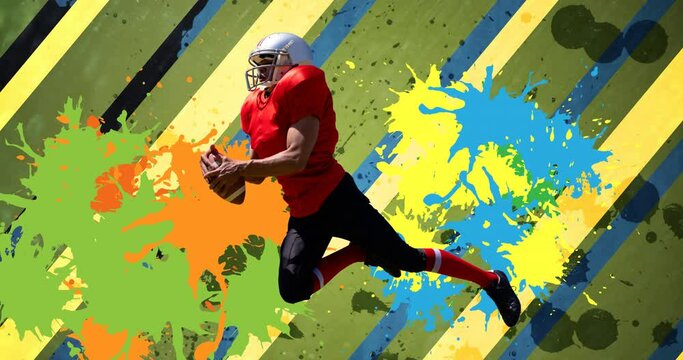 Animation of american football player with ball over colourful squiggles