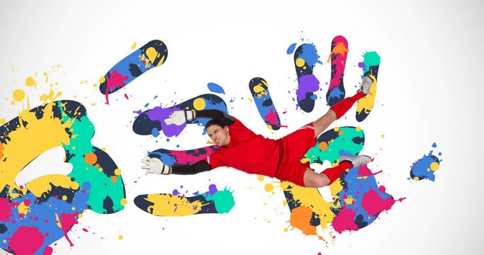 Animation of football goalkeeper over colourful handprints on white background