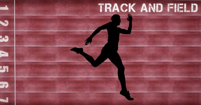 Animation of silhouette of male runner with text on racing track background