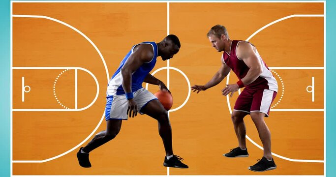Animation of basketball players with ball on basketball court background