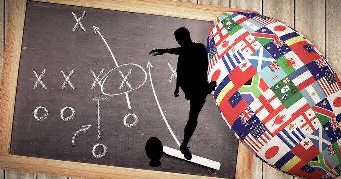 Animation of silhouette of rugby player and rugby ball formed with flags with board background