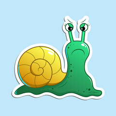 Cute cartoon snail with green body and yellow shell. Sad, angry and frowning. Vector illustration, sticker isolated on blue background