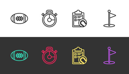 Set line American Football ball, Stopwatch, Checklist clipboard and tennis and Golf flag on black and white. Vector