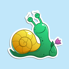 Cute and cheerful cartoon snail with green body, yellow shell and pink flower, happy and thankful, positive emotions. Vector illustration, sticker isolated on blue background