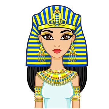 Portrait of the animation Egyptian princess in gold jewelry. Queen Cleopatra. The vector illustration isolated on a white background.