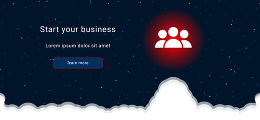 Business startup concept Landing page screen. The people symbol on the right is highlighted in bright red. Vector illustration on dark blue background with stars and curly clouds from below