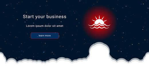 Business startup concept Landing page screen. The sunrise at sea symbol on the right is highlighted in bright red. Vector illustration on dark blue background with stars and curly clouds from below