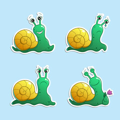 Cute cartoon snail with green body and yellow shell. Set of four different emotions, including joy, sadness, anger and happiness or thankfulness. Vector stickers isolated on blue background