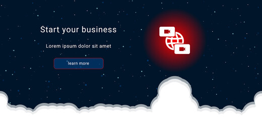Business startup concept Landing page screen. The videoconference symbol on the right is highlighted in bright red. Vector illustration on dark blue background with stars and curly clouds from below
