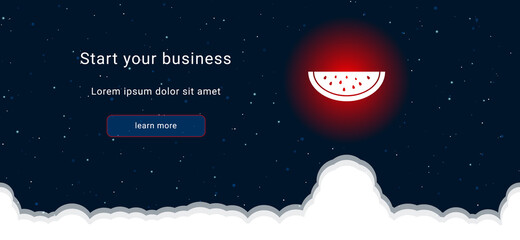 Business startup concept Landing page screen. The watermelon piece symbol on the right is highlighted in bright red. Vector illustration on dark blue background with stars and curly clouds from below