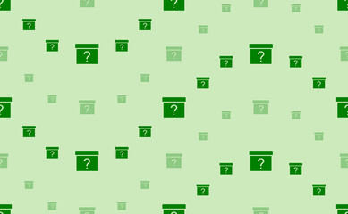 Seamless pattern of large and small green gift box with a question symbols. The elements are arranged in a wavy. Vector illustration on light green background