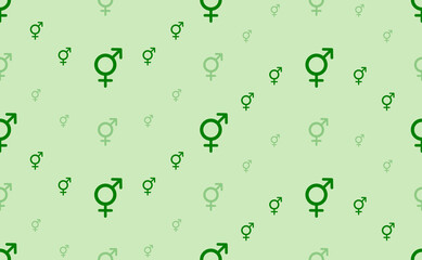 Seamless pattern of large and small green bigender symbols. The elements are arranged in a wavy. Vector illustration on light green background