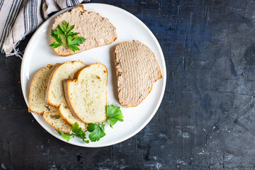 liver pate chicken appetizer meat sandwich fresh portion organic, wholesome dish on the table healthy food meal snack copy space food background rustic. top view