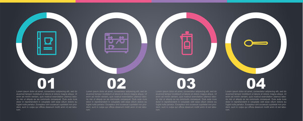 Set line Coffee book, machine, French press and Spoon. Business infographic template. Vector