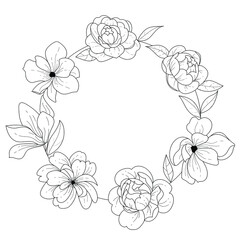 Botanical illustration. Flower wreath. Black and white composition. Sketch hand drawing of a flower, linear art on a white background. Vector illustration