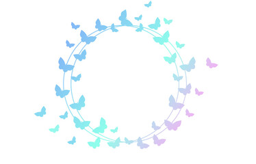Round frame of butterflies, gradient picture, isolate on a white background. Silhouette of butterflies in trendy colors, mint, blue, pink and purple.