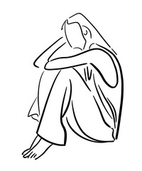 Girl is sitting, leaning on her hand, thinking. Black line sketch on white background. Vector illustration.