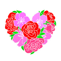 Flowers in heart shape. Roses and cherry blossom design. Vector illustration.