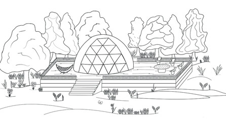 Glamping coloring book. A glamorous camping area in the shape of a sphere for outdoor recreation with a hammock and a playground against the background of forest and flowers. For the design of a page