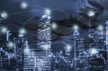 Fototapeta premium Coin money saving and finance money saving and finance and graph stock market. Business networks and connections technology Modern blur city networks with concept.