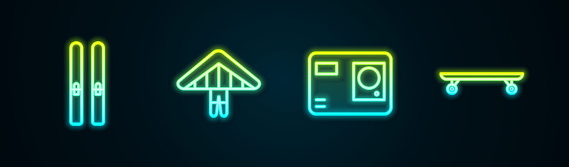 Set line Ski and sticks, Hang glider, Action extreme camera and Longboard or skateboard. Glowing neon icon. Vector