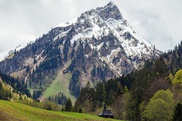 Fototapeta na wymiar Wilde Bergnebel in den Allgäuer Alpen mit verschneiten Gipfeln und frischem Grün im Tal