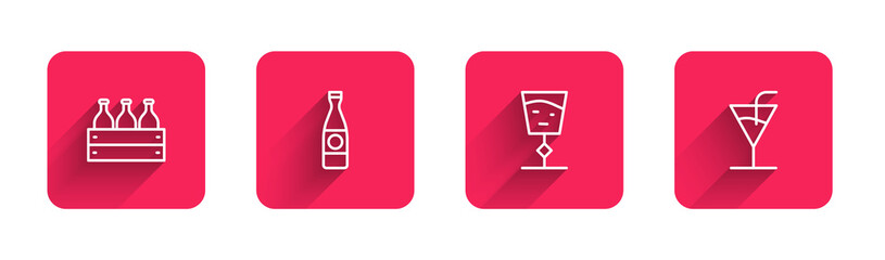 Set line Bottles of wine in a wooden box, Beer bottle, Wine glass and Cocktail with long shadow. Red square button. Vector