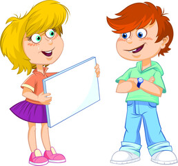 Girl and boy with white empty sign.
Color vector illustration of teenage girl holding and showing the boy white empty sign. 

