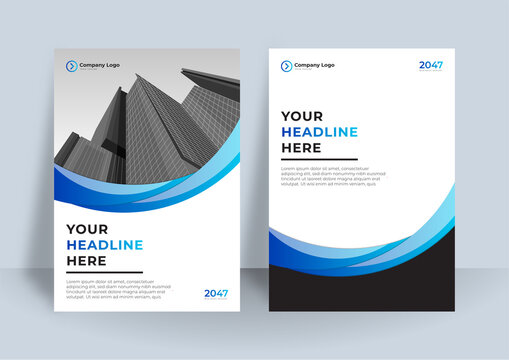 Modern blue and white wave curve design template for poster flyer brochure cover. Graphic design layout with triangle graphic elements and space for photo background