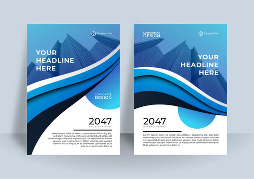 Modern blue and white wave curve design template for poster flyer brochure cover. Graphic design layout with triangle graphic elements and space for photo background