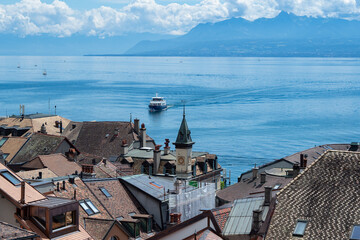 View over the rooftops of Nyon, Switzerland and Lake Geneva