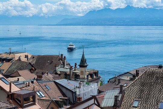 View over the rooftops of Nyon, Switzerland and Lake Geneva
