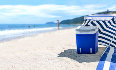 Tourist fridge with beach umbrella. Landscape of beach and ocean . 