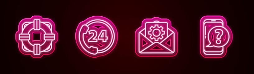 Set line Lifebuoy, Telephone 24 hours support, Envelope setting and Mobile with question. Glowing neon icon. Vector
